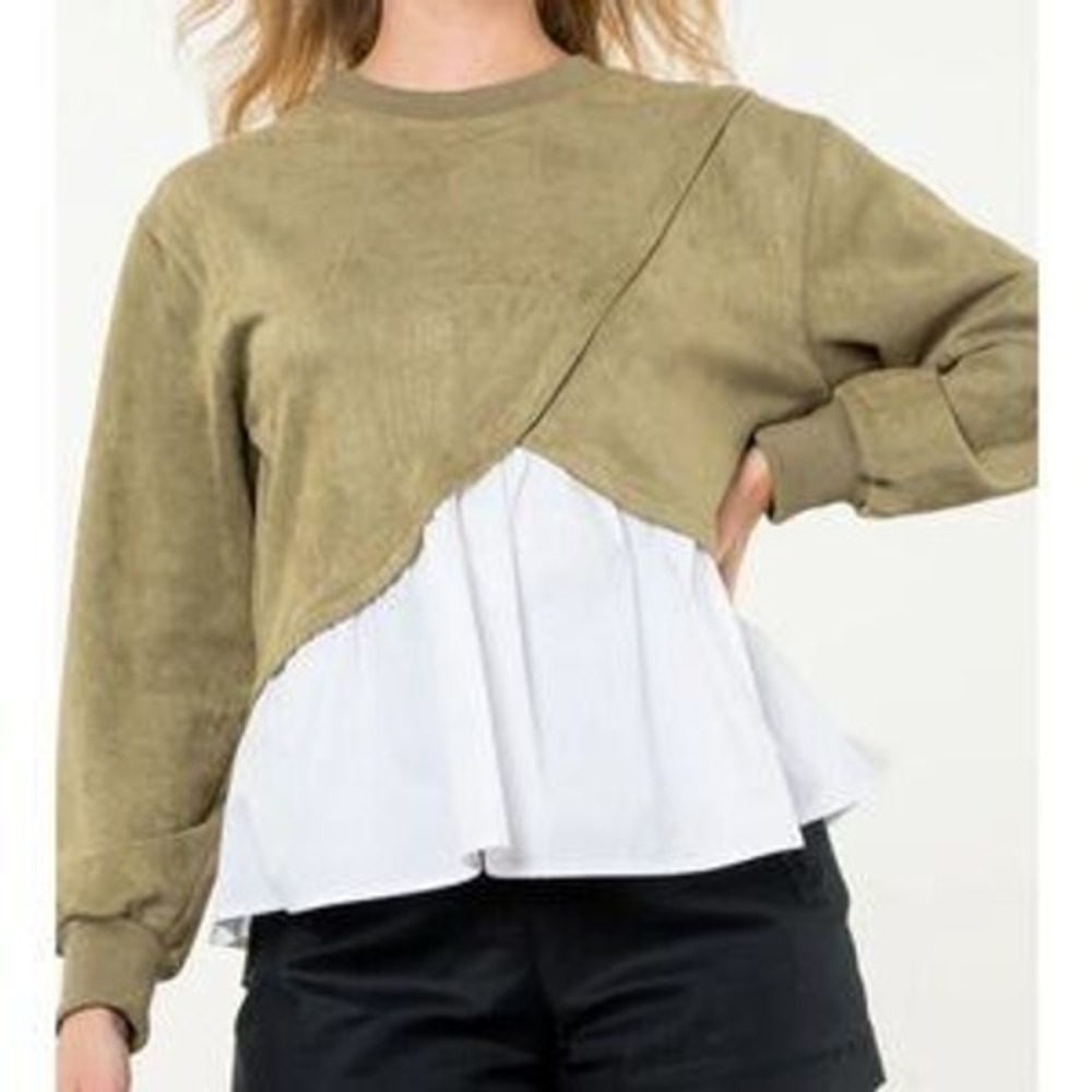 ANTHROPOLOGIE THML Olive‎ Green Faux Suede White Poplin Contrast L/S Top EUC M